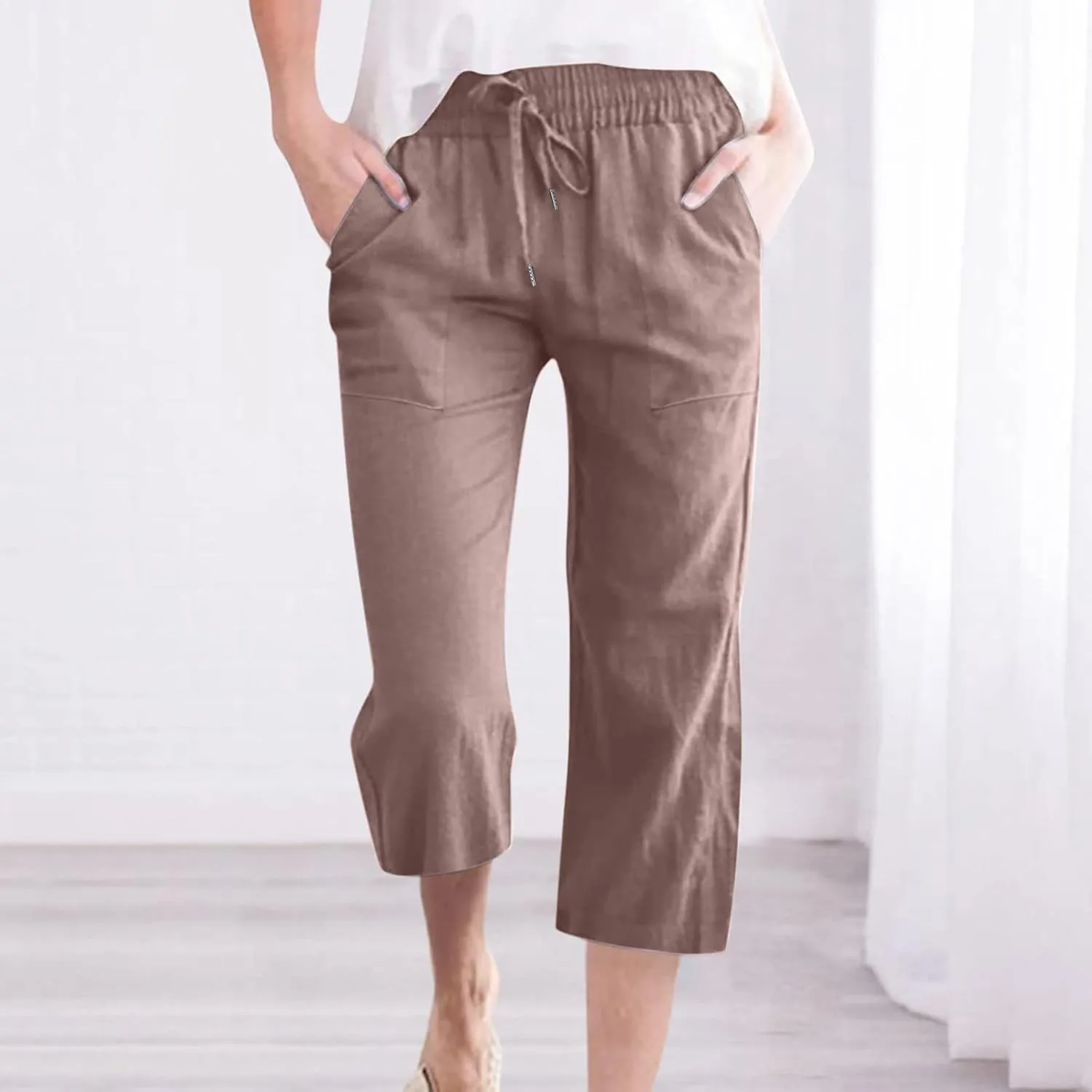 2025 Capri Pants for Women Drawstring High Elastic Linen Cropped Pant Solid Casual Pocket Straight Wide Leg Trouser