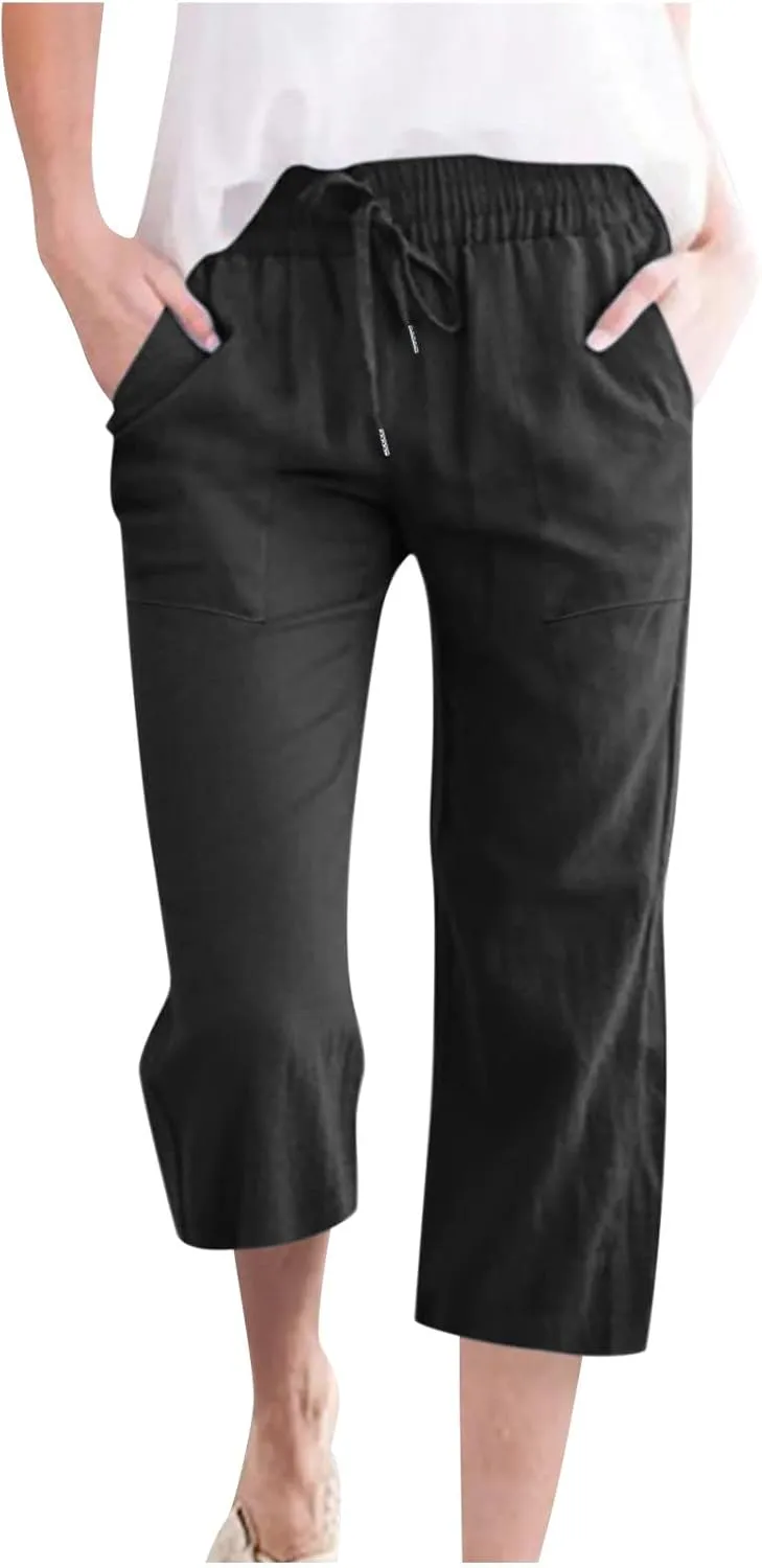 2025 Capri Pants for Women Drawstring High Elastic Linen Cropped Pant Solid Casual Pocket Straight Wide Leg Trouser