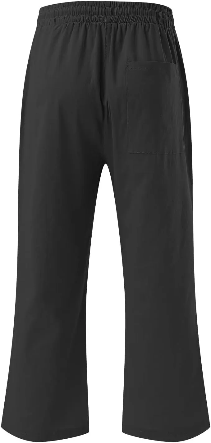 2025 Capri Pants for Women Drawstring High Elastic Linen Cropped Pant Solid Casual Pocket Straight Wide Leg Trouser