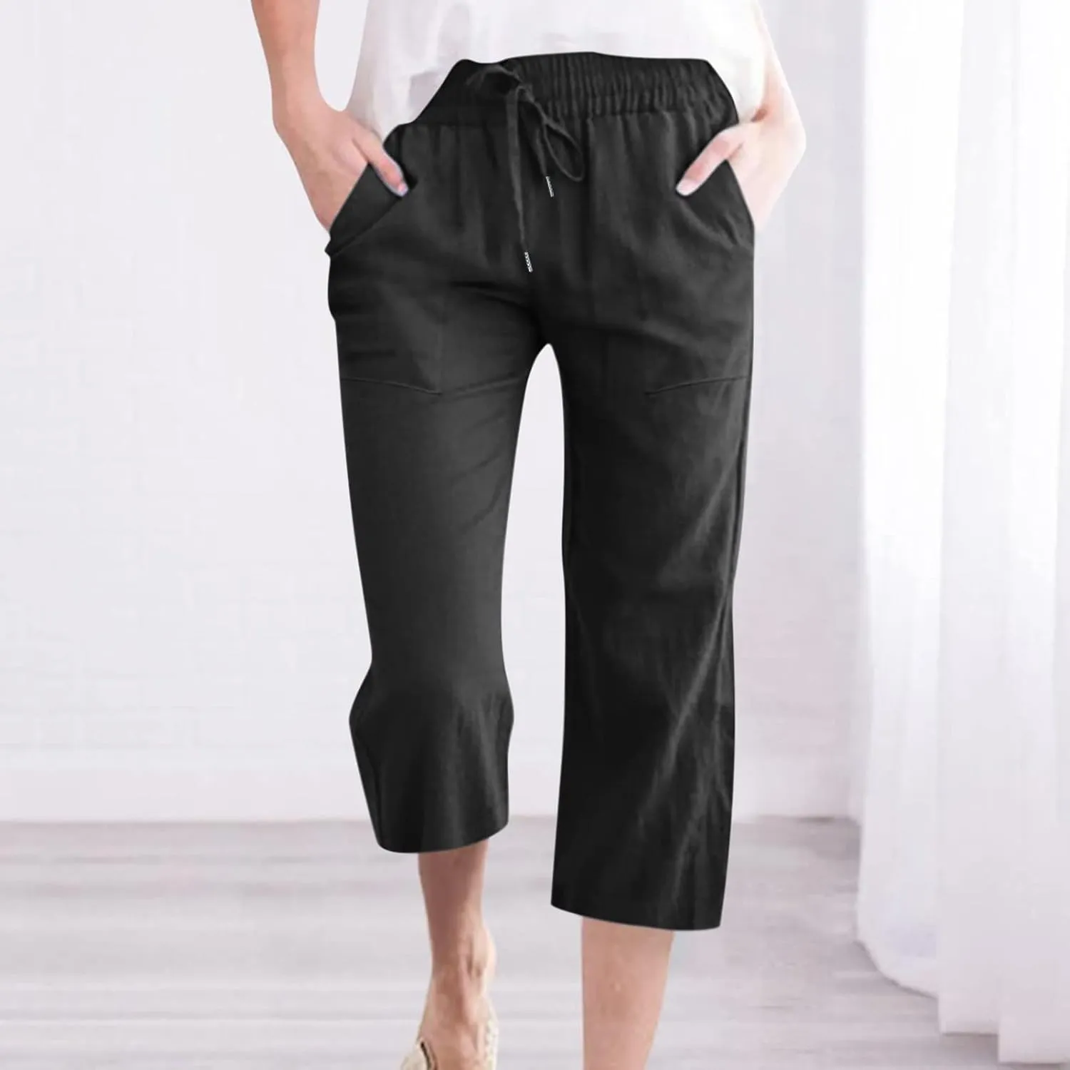 2025 Capri Pants for Women Drawstring High Elastic Linen Cropped Pant Solid Casual Pocket Straight Wide Leg Trouser