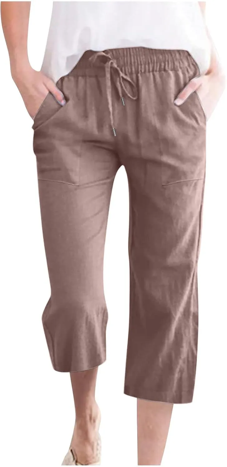 2025 Capri Pants for Women Drawstring High Elastic Linen Cropped Pant Solid Casual Pocket Straight Wide Leg Trouser