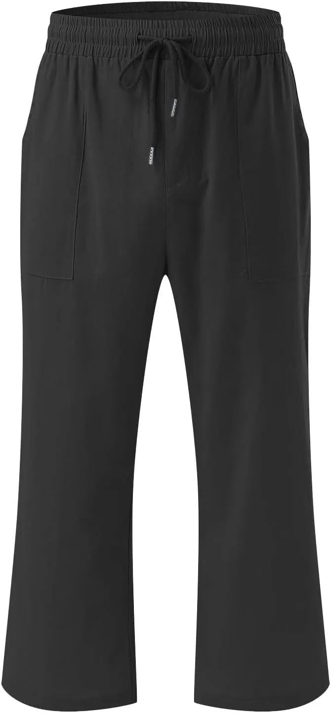 2025 Capri Pants for Women Drawstring High Elastic Linen Cropped Pant Solid Casual Pocket Straight Wide Leg Trouser