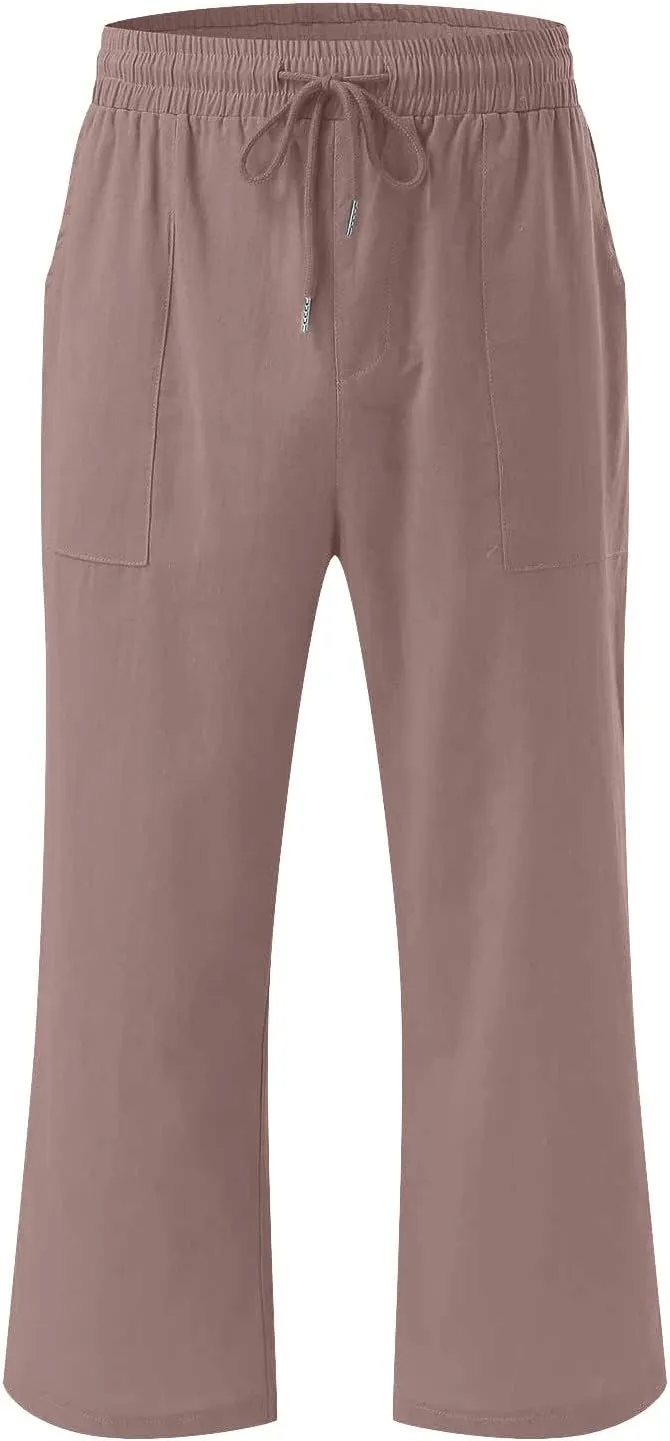 2025 Capri Pants for Women Drawstring High Elastic Linen Cropped Pant Solid Casual Pocket Straight Wide Leg Trouser