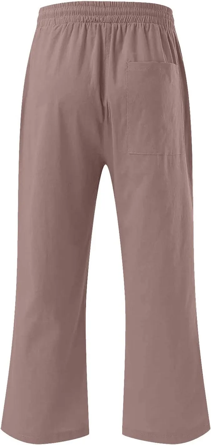 2025 Capri Pants for Women Drawstring High Elastic Linen Cropped Pant Solid Casual Pocket Straight Wide Leg Trouser
