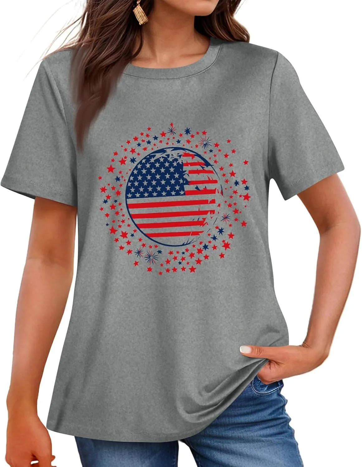 4Th of July Shirts Women Trendy 2025 Patriotic Floral Elf Short Sleeve Tshirts Causal Memorial Day Print Plain Shirts