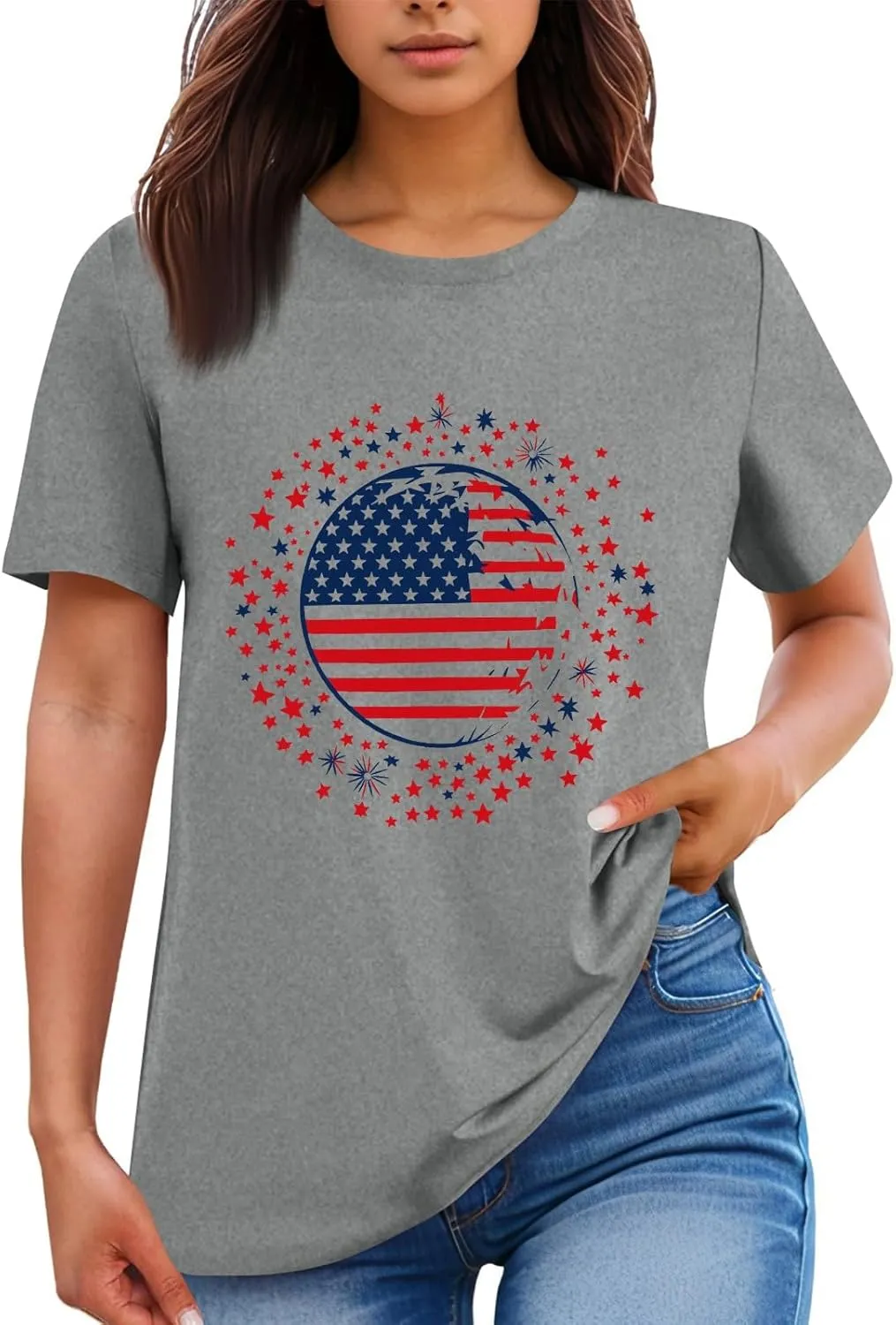 4Th of July Shirts Women Trendy 2025 Patriotic Floral Elf Short Sleeve Tshirts Causal Memorial Day Print Plain Shirts