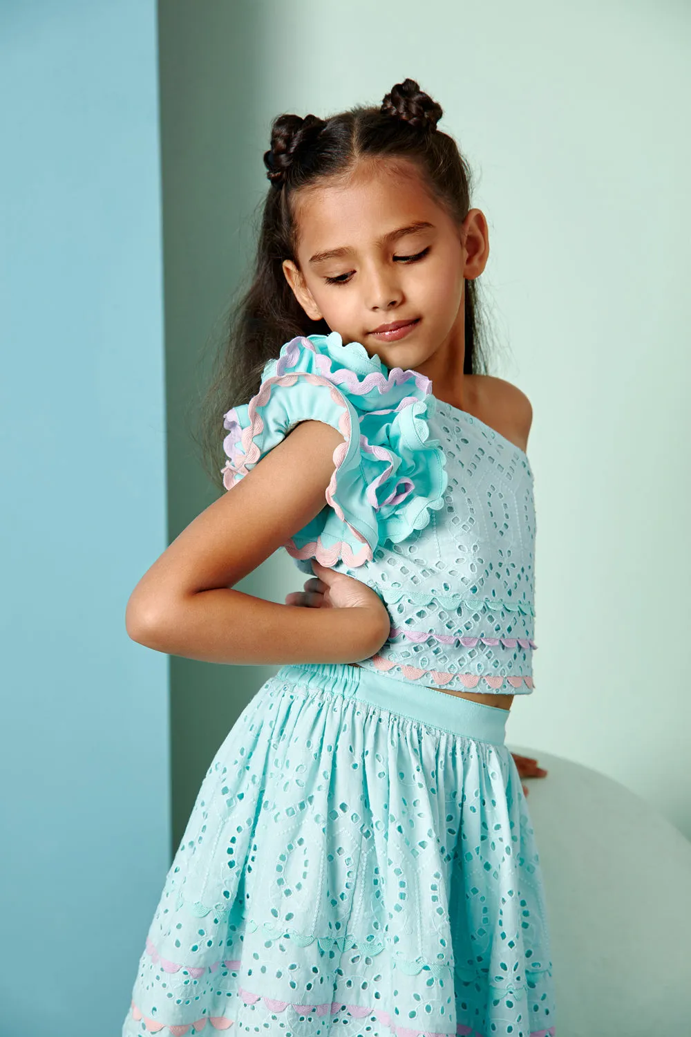 Aqua Blue Chikan One Shoulder Top & Skirt Set