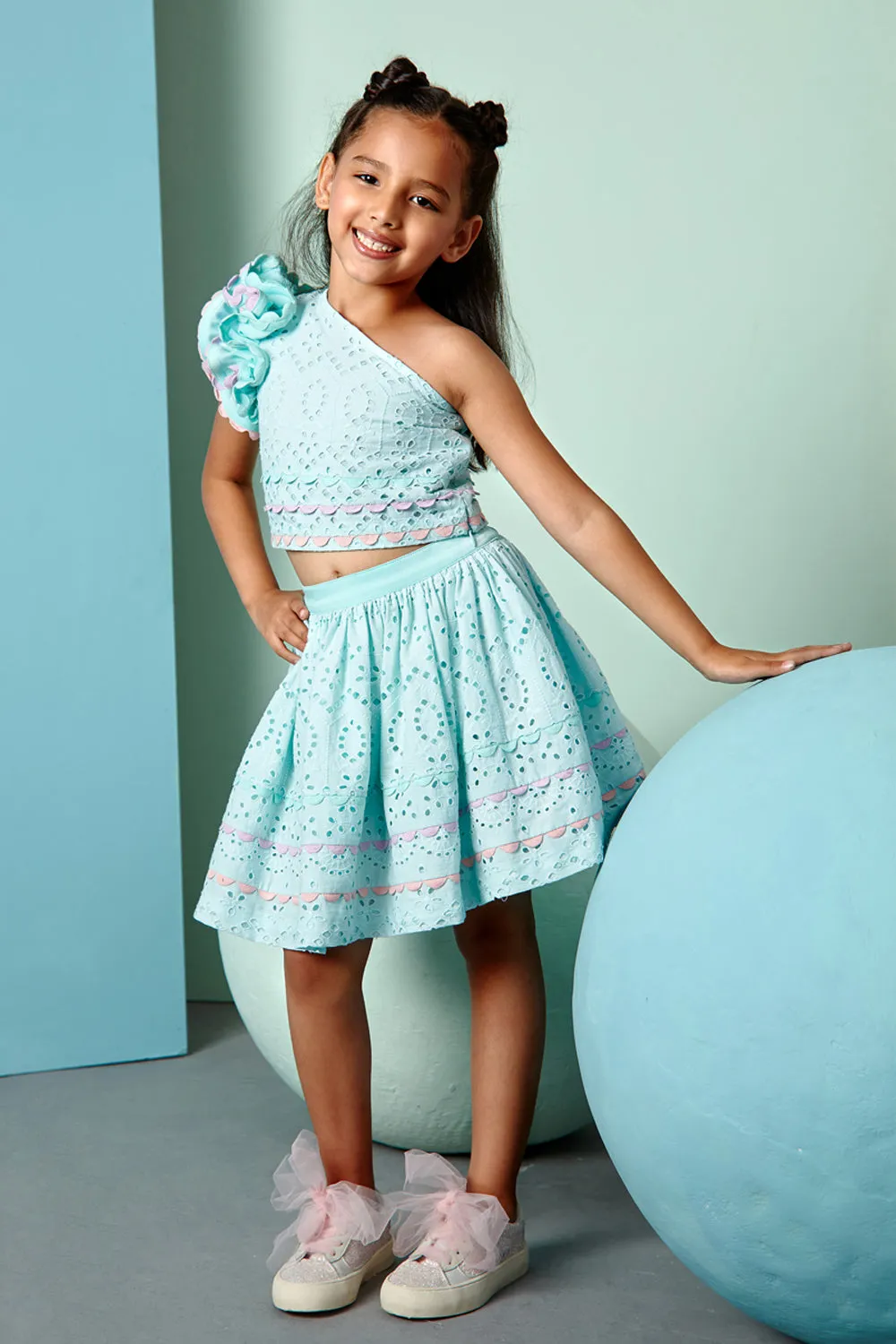 Aqua Blue Chikan One Shoulder Top & Skirt Set