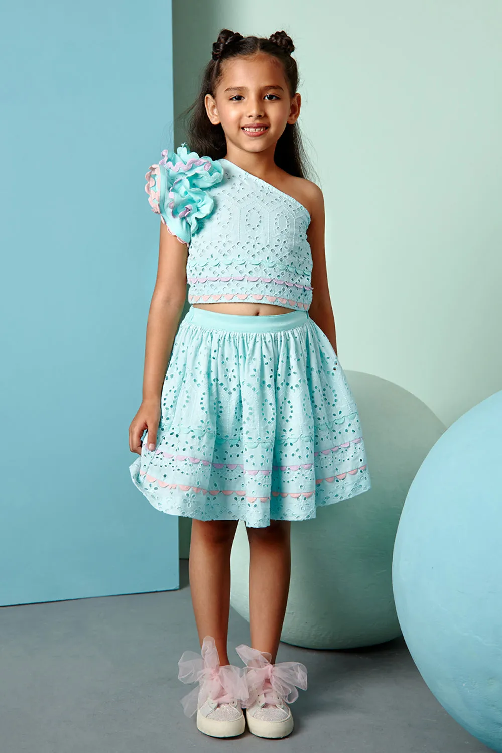 Aqua Blue Chikan One Shoulder Top & Skirt Set