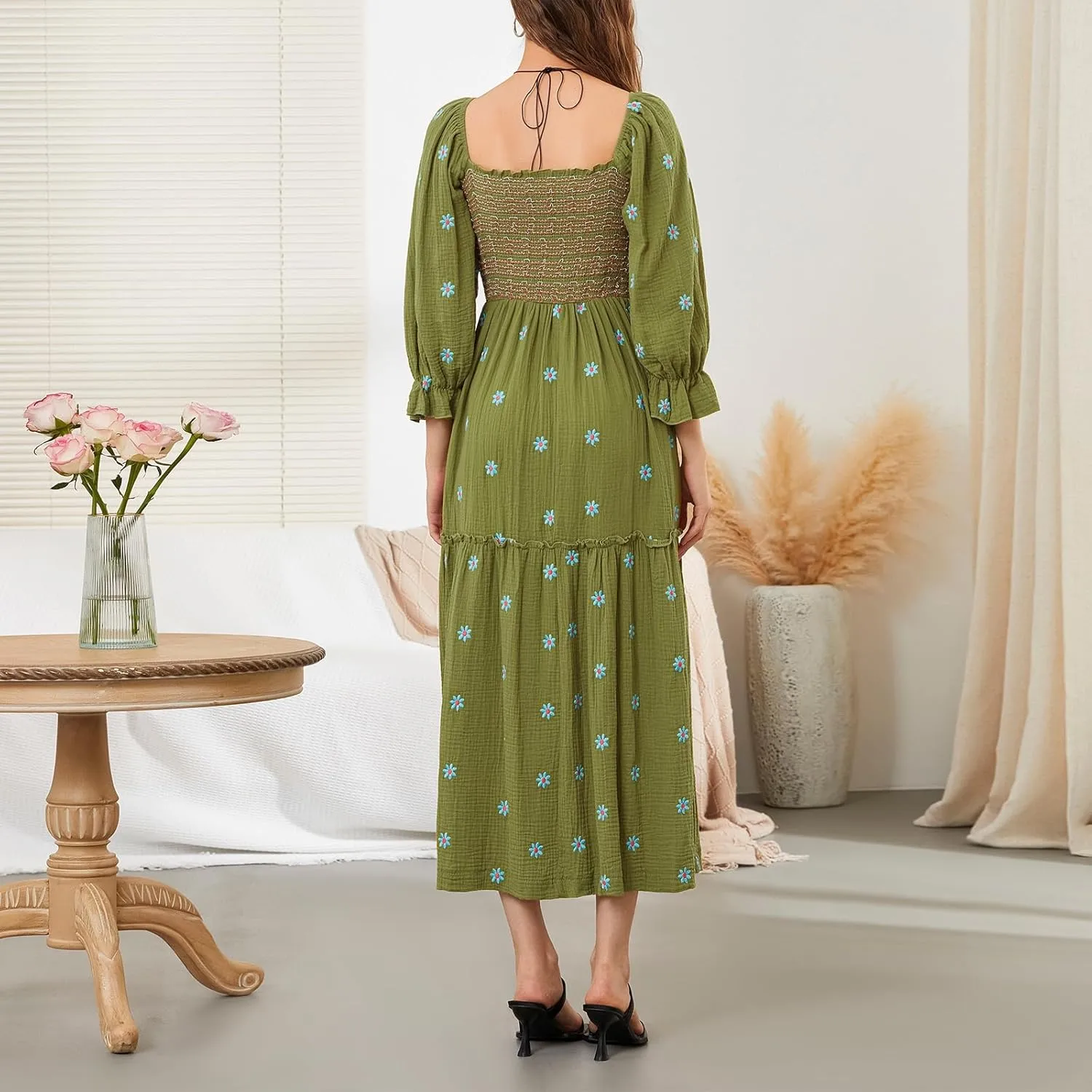 Argeousgor Women 2025 Bohemian Floral Dress Square Neck Ruffle Swing A Line Maxi Dress Long Sleeve Beach Long Dress