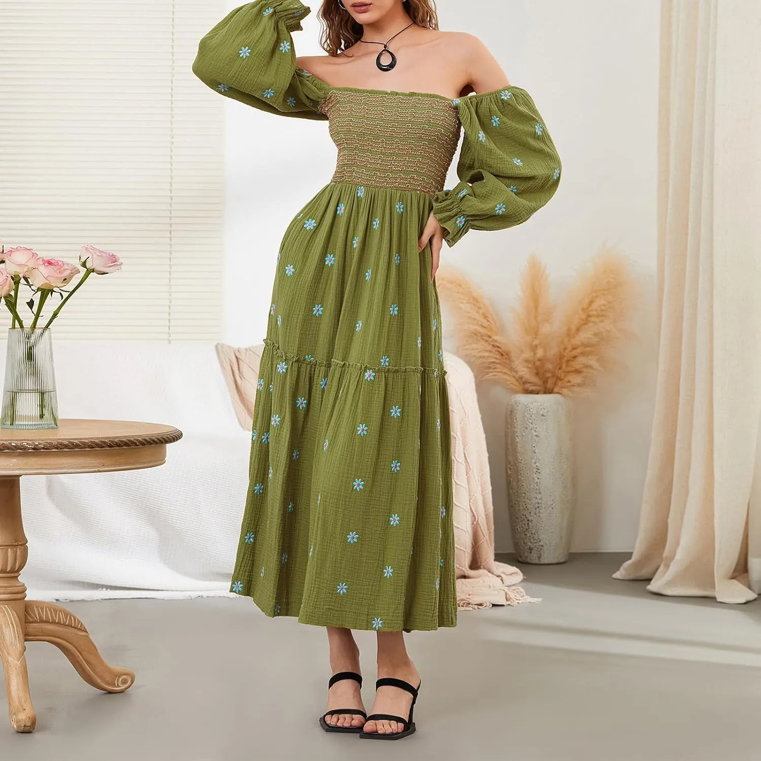 Argeousgor Women 2025 Bohemian Floral Dress Square Neck Ruffle Swing A Line Maxi Dress Long Sleeve Beach Long Dress
