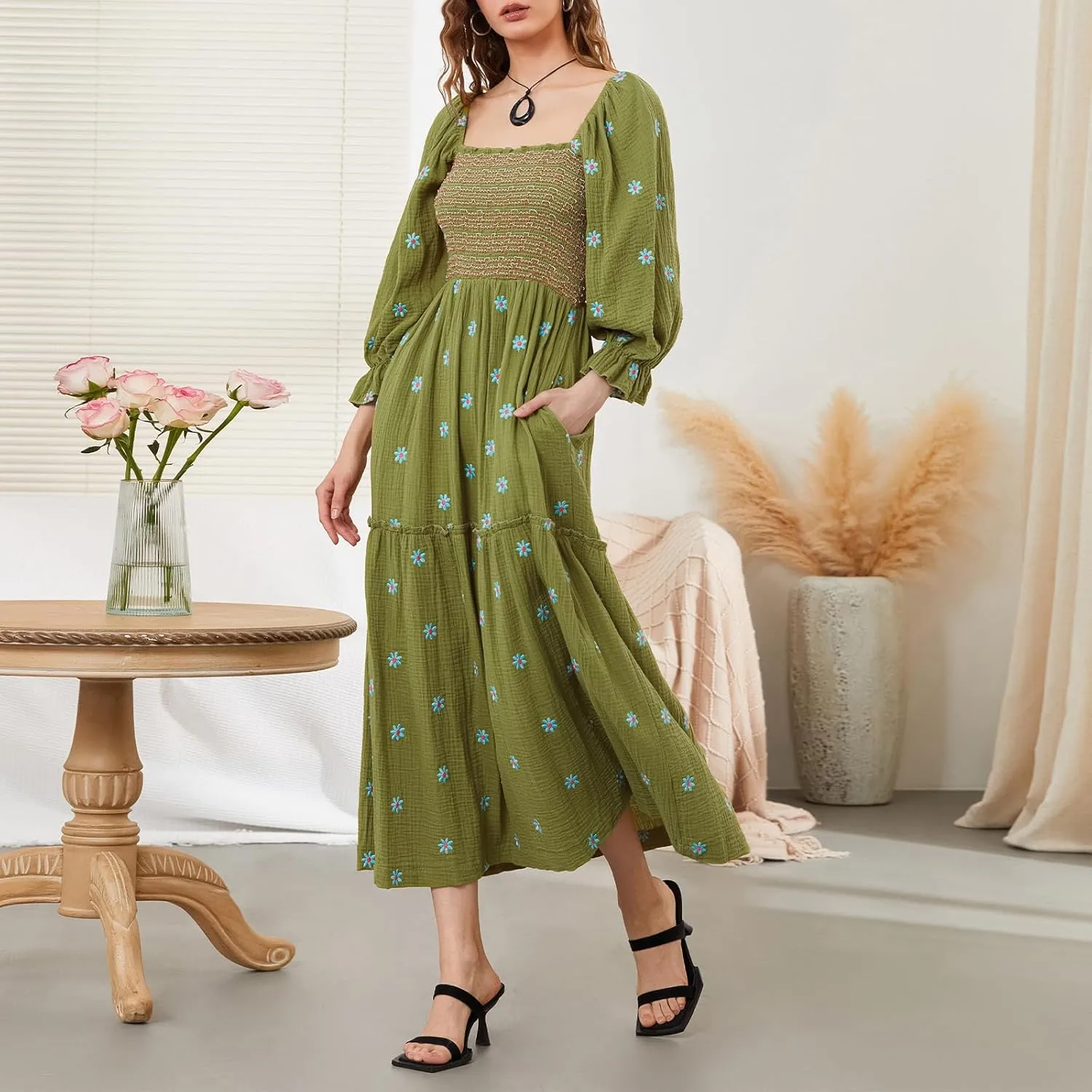 Argeousgor Women 2025 Bohemian Floral Dress Square Neck Ruffle Swing A Line Maxi Dress Long Sleeve Beach Long Dress