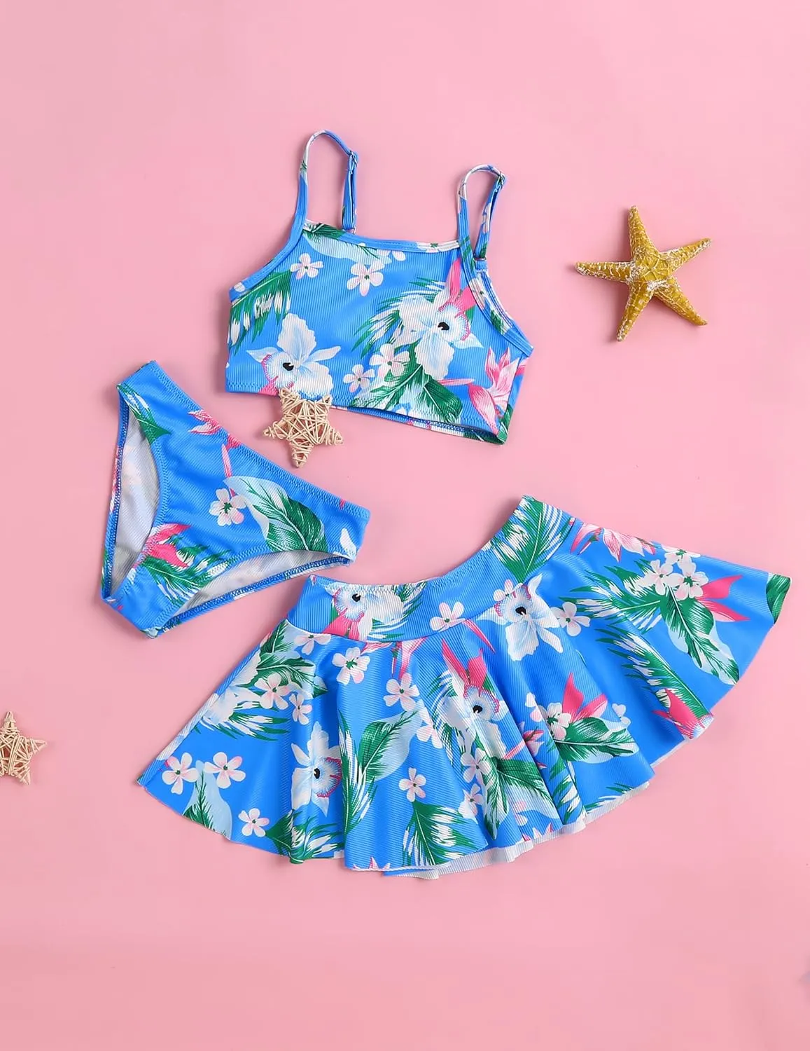 Arshiner Girls 3 Piece Swimsuit for Teen Girl Tankini Swimsuits Bathing Suit Beach Floral Bikini Swimwear with Skirt