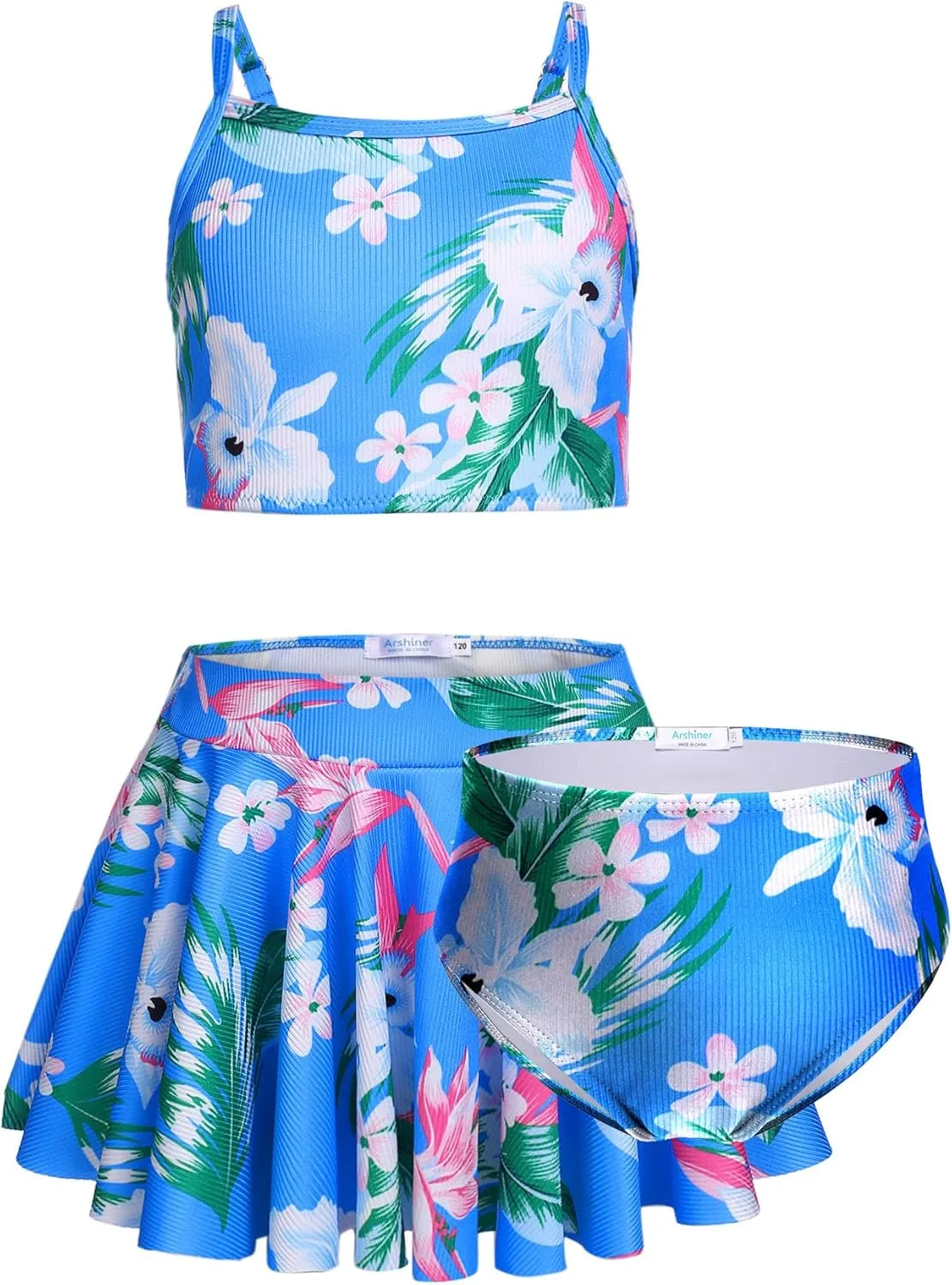 Arshiner Girls 3 Piece Swimsuit for Teen Girl Tankini Swimsuits Bathing Suit Beach Floral Bikini Swimwear with Skirt