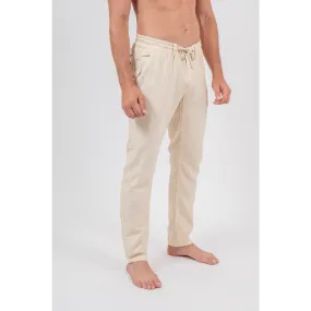 Beige Linen Men Drawstring Pants