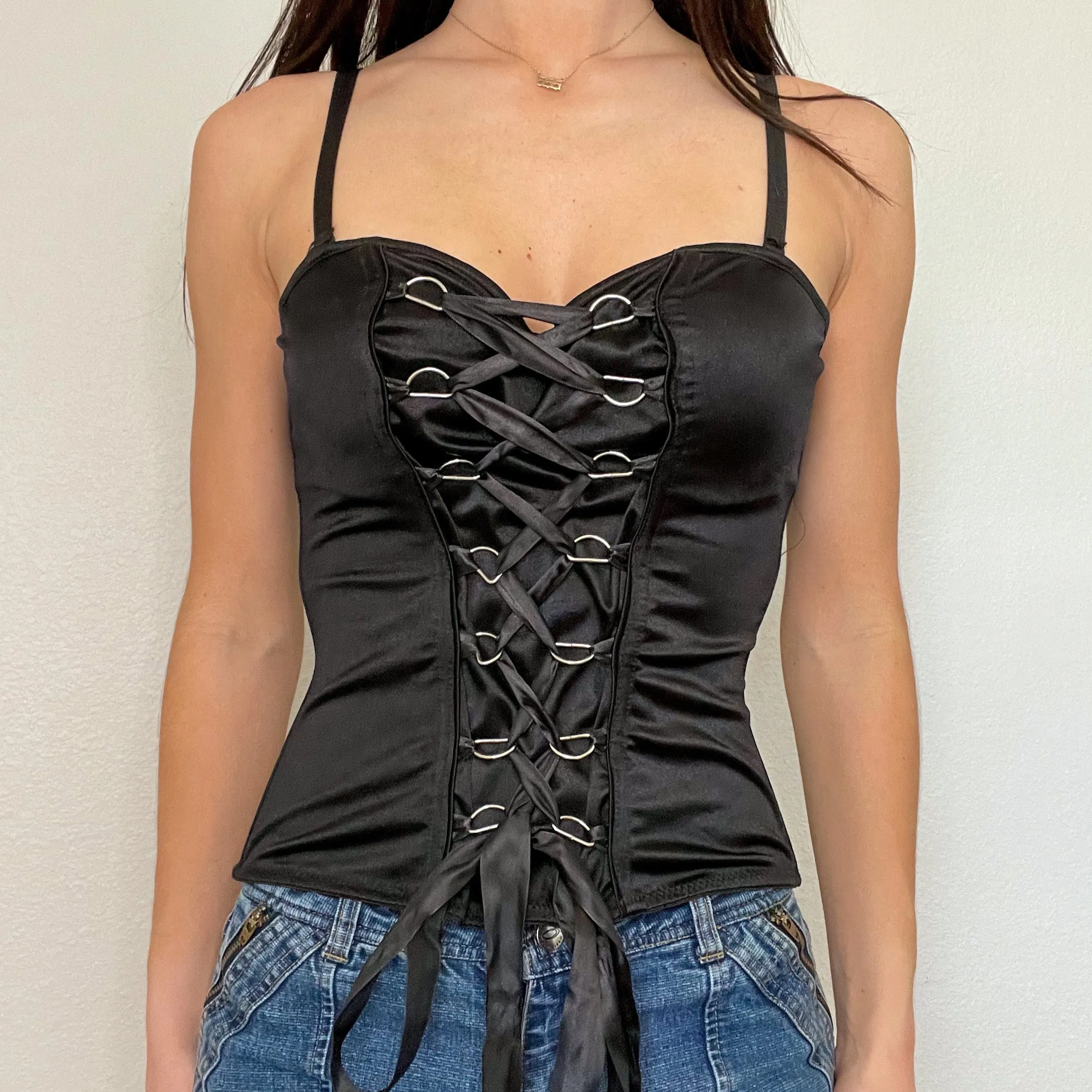 Black Silky Lace Up Corset Top