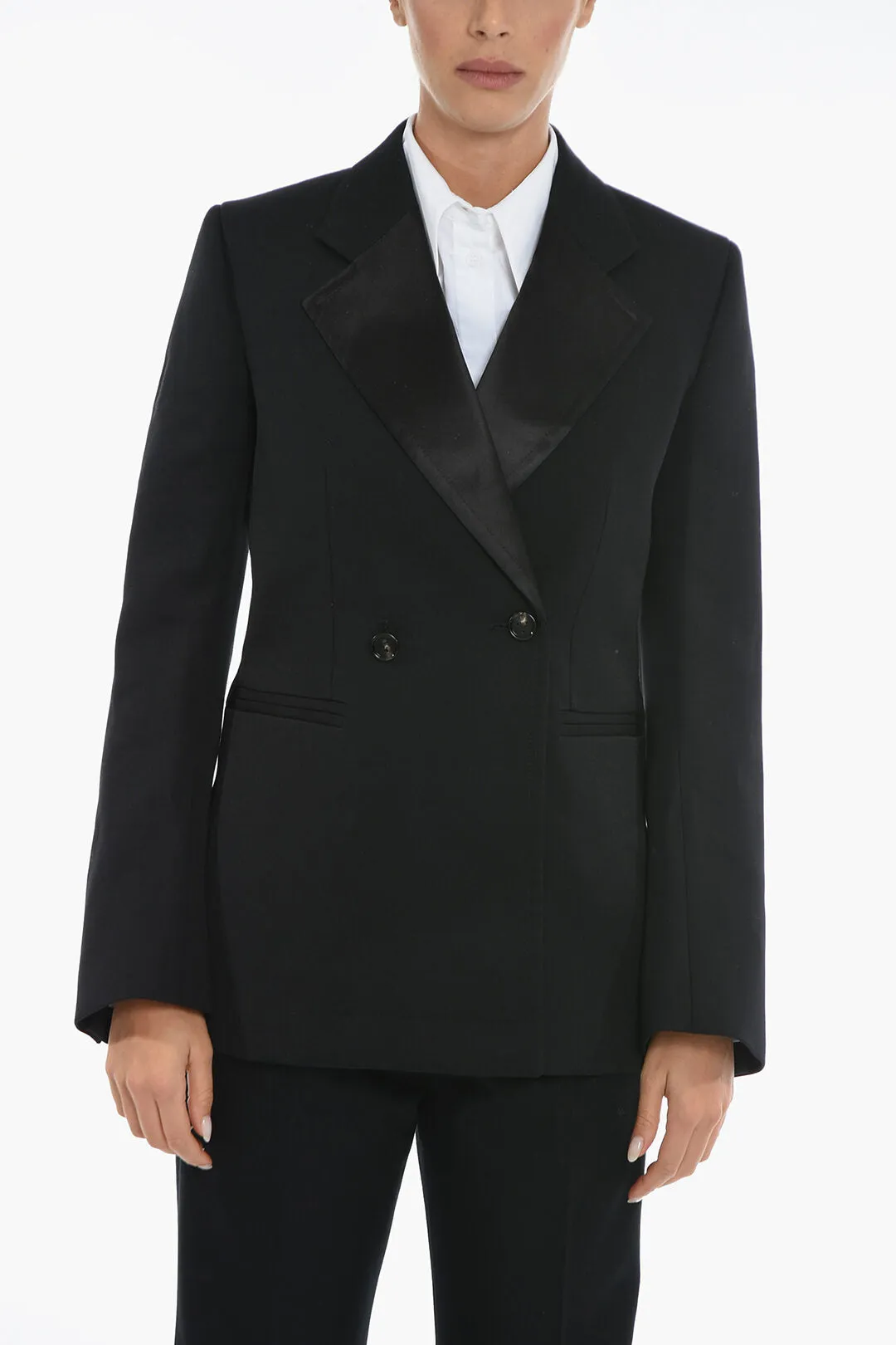 Bottega Veneta Curved Sleeve Wool Blazer With Satin Details