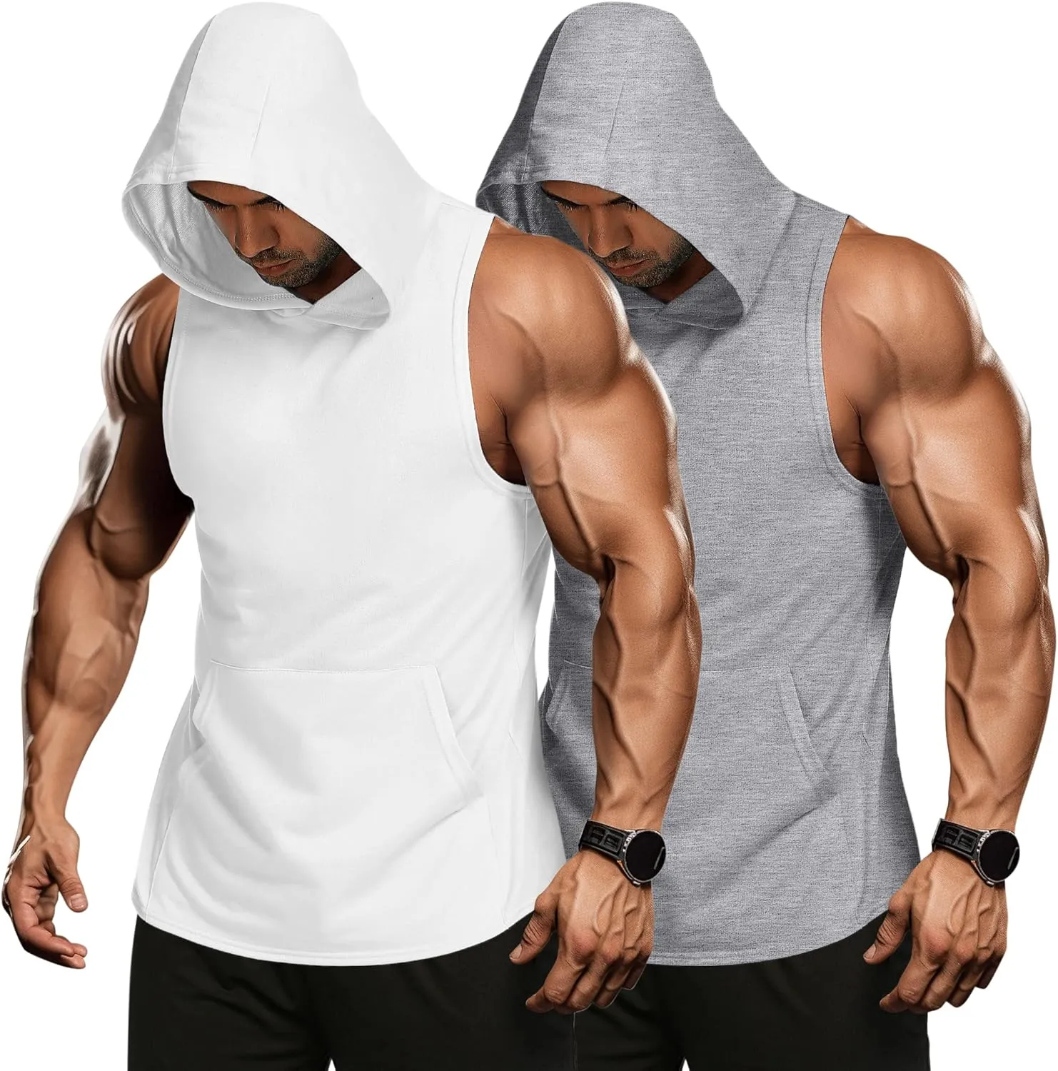 COOFANDY Men's 2 Pack Workout Hooded Tank Tops Bodybuilding Muscle Cut Off T Shirt Sleeveless Gym Hoodies