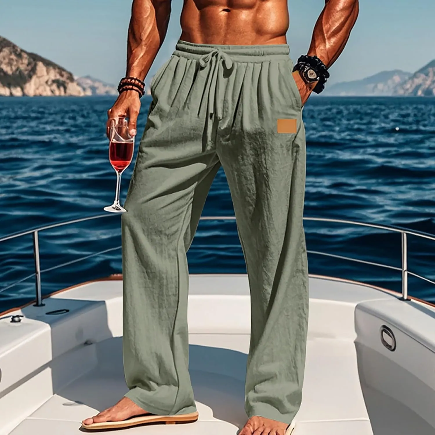 CRNTCEM Mens Cotton Linen Beach Pants Straight Loose Casual Yoga Sweatpants Outdoor Lightweight Travel Lounge Trousers