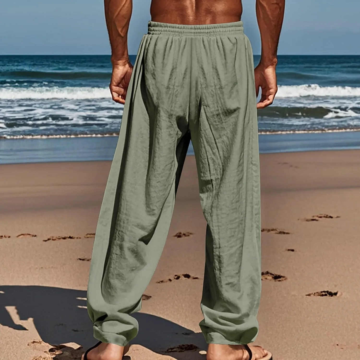 CRNTCEM Mens Cotton Linen Beach Pants Straight Loose Casual Yoga Sweatpants Outdoor Lightweight Travel Lounge Trousers
