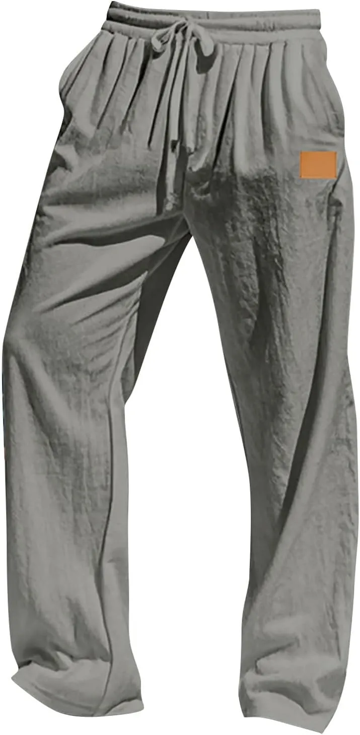 CRNTCEM Mens Cotton Linen Beach Pants Straight Loose Casual Yoga Sweatpants Outdoor Lightweight Travel Lounge Trousers