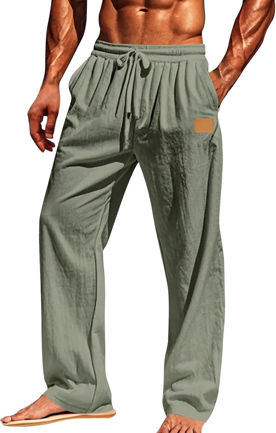 CRNTCEM Mens Cotton Linen Beach Pants Straight Loose Casual Yoga Sweatpants Outdoor Lightweight Travel Lounge Trousers