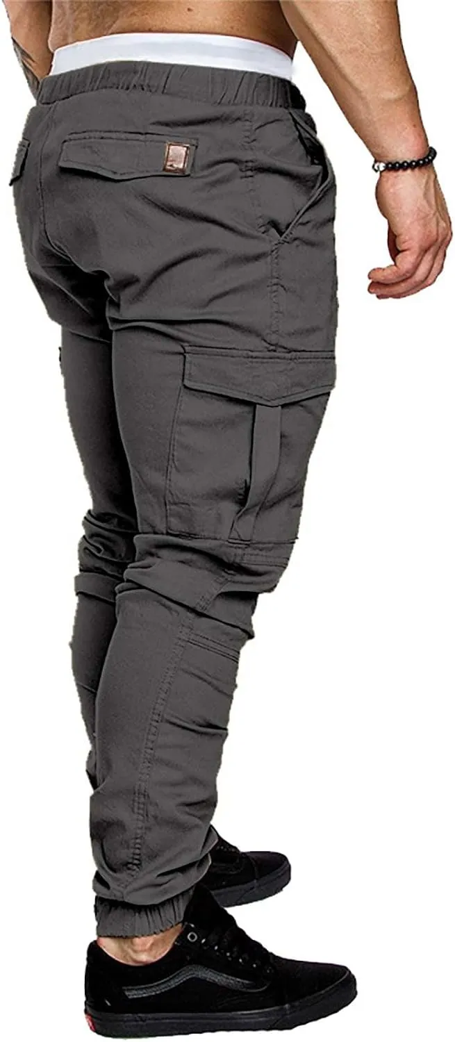 CRNTCEM Mens Skinny Fit Cargo Pants Twill Casual Athletic Joggers Drawstring Combat Tactical Track Pants Stretch Workout Pant