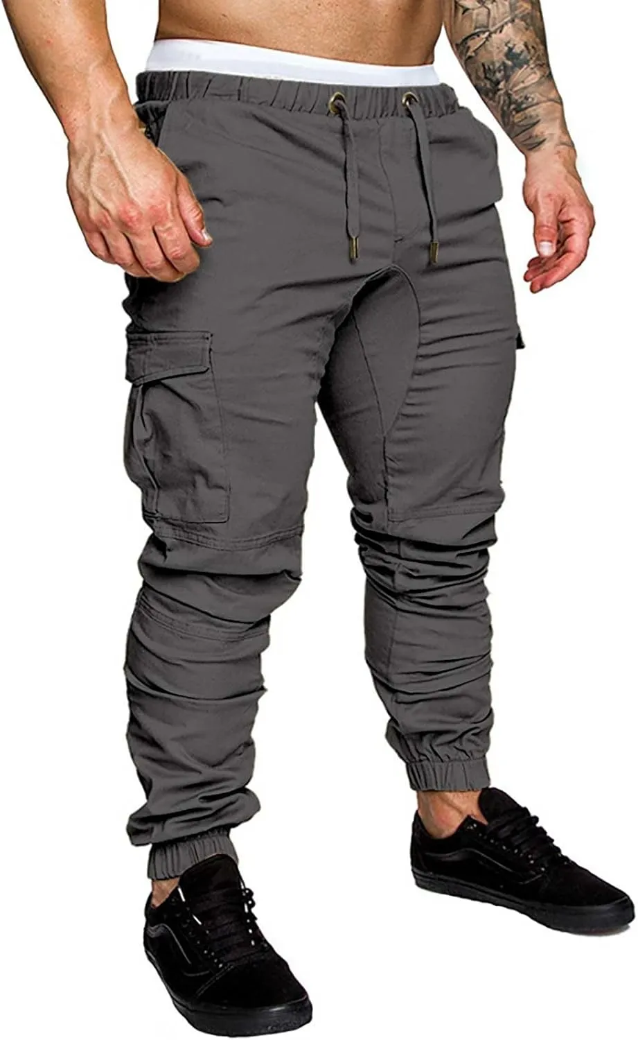 CRNTCEM Mens Skinny Fit Cargo Pants Twill Casual Athletic Joggers Drawstring Combat Tactical Track Pants Stretch Workout Pant