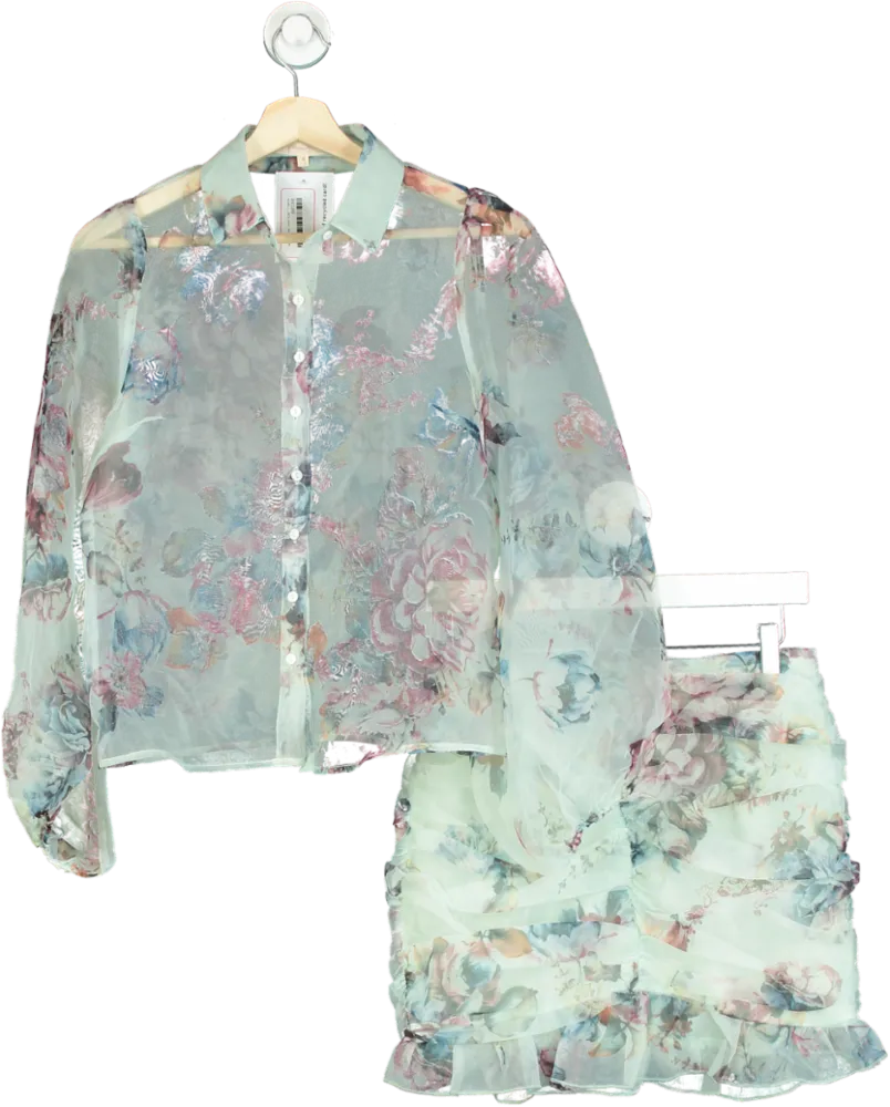 Fanco Pastel Floral Sheer Blouse and Ruffle Skirt Set UK S