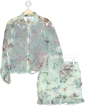 Fanco Pastel Floral Sheer Blouse and Ruffle Skirt Set UK S