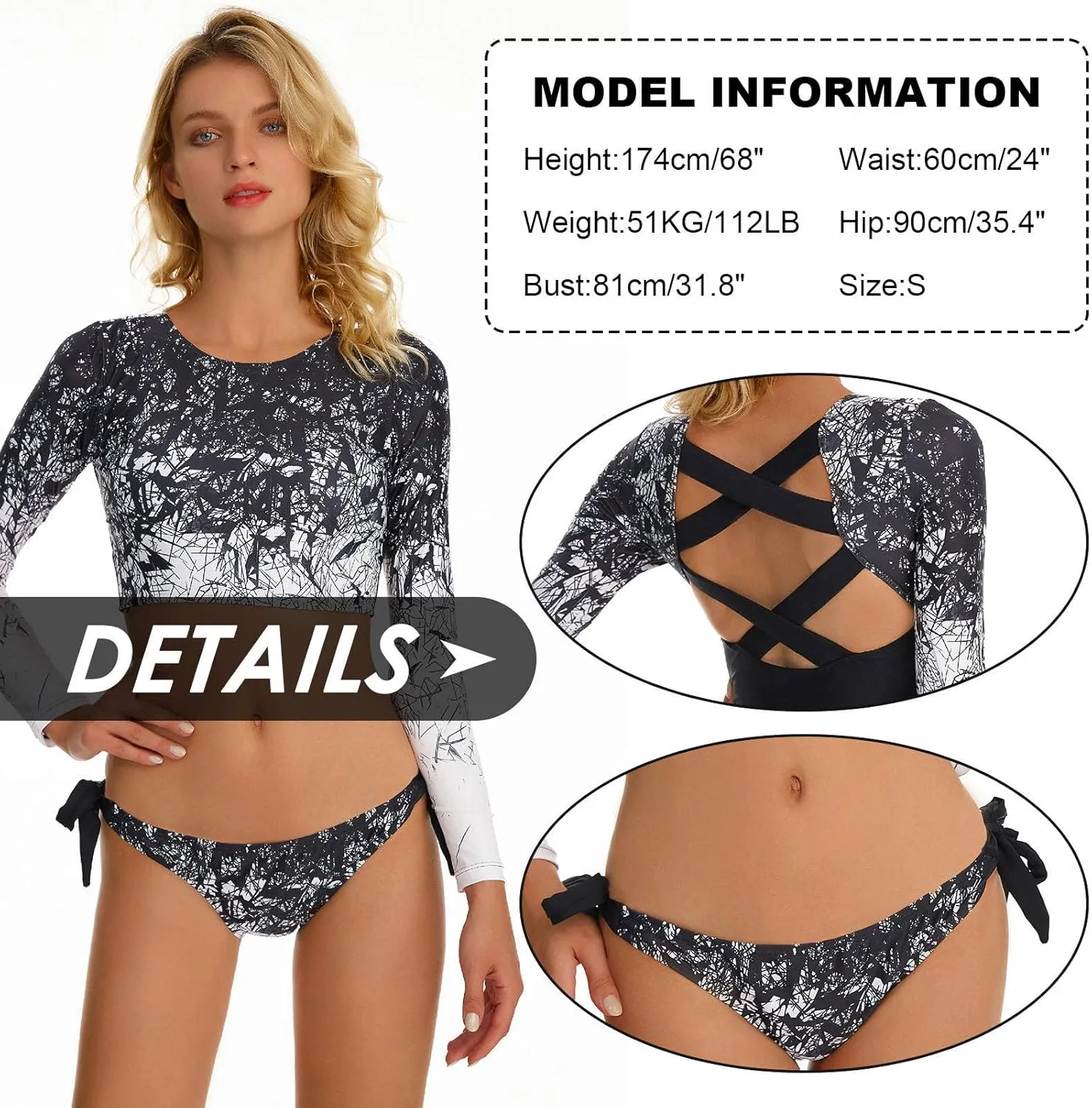 FEOYA Women Long Sleeve Swimsuit UV Sun Protection Rash Guard Two Piece Printed Surfing Swim Bathing Suit