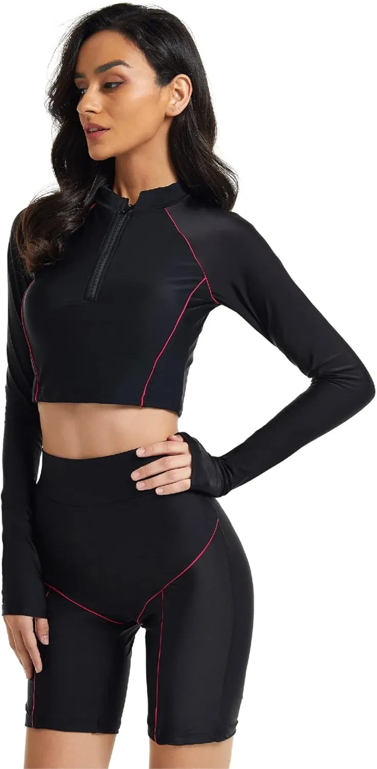 FEOYA Women Long Sleeve Swimsuit UV Sun Protection Rash Guard Two Piece Printed Surfing Swim Bathing Suit