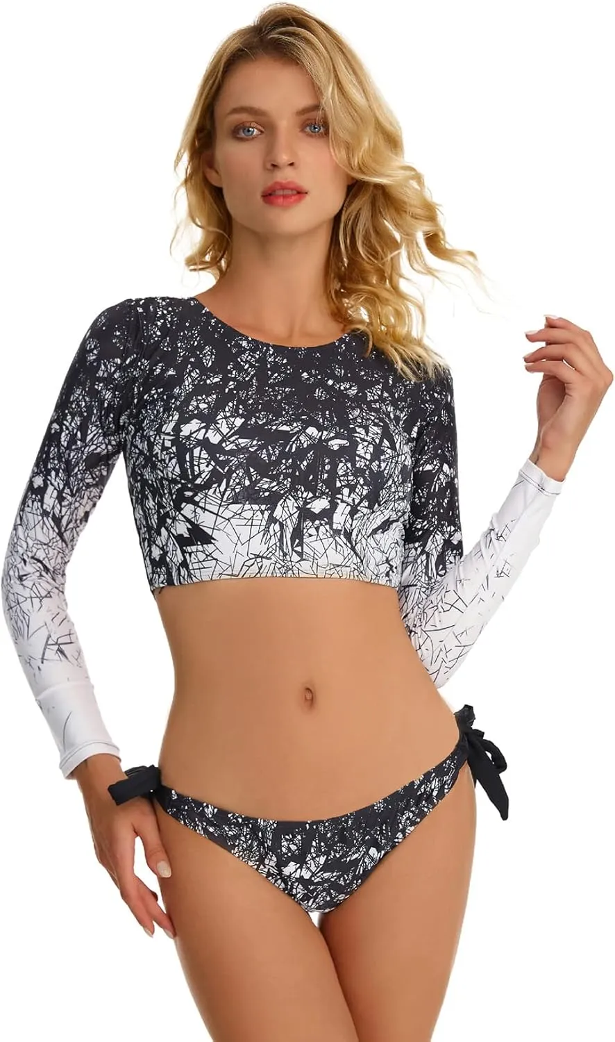 FEOYA Women Long Sleeve Swimsuit UV Sun Protection Rash Guard Two Piece Printed Surfing Swim Bathing Suit