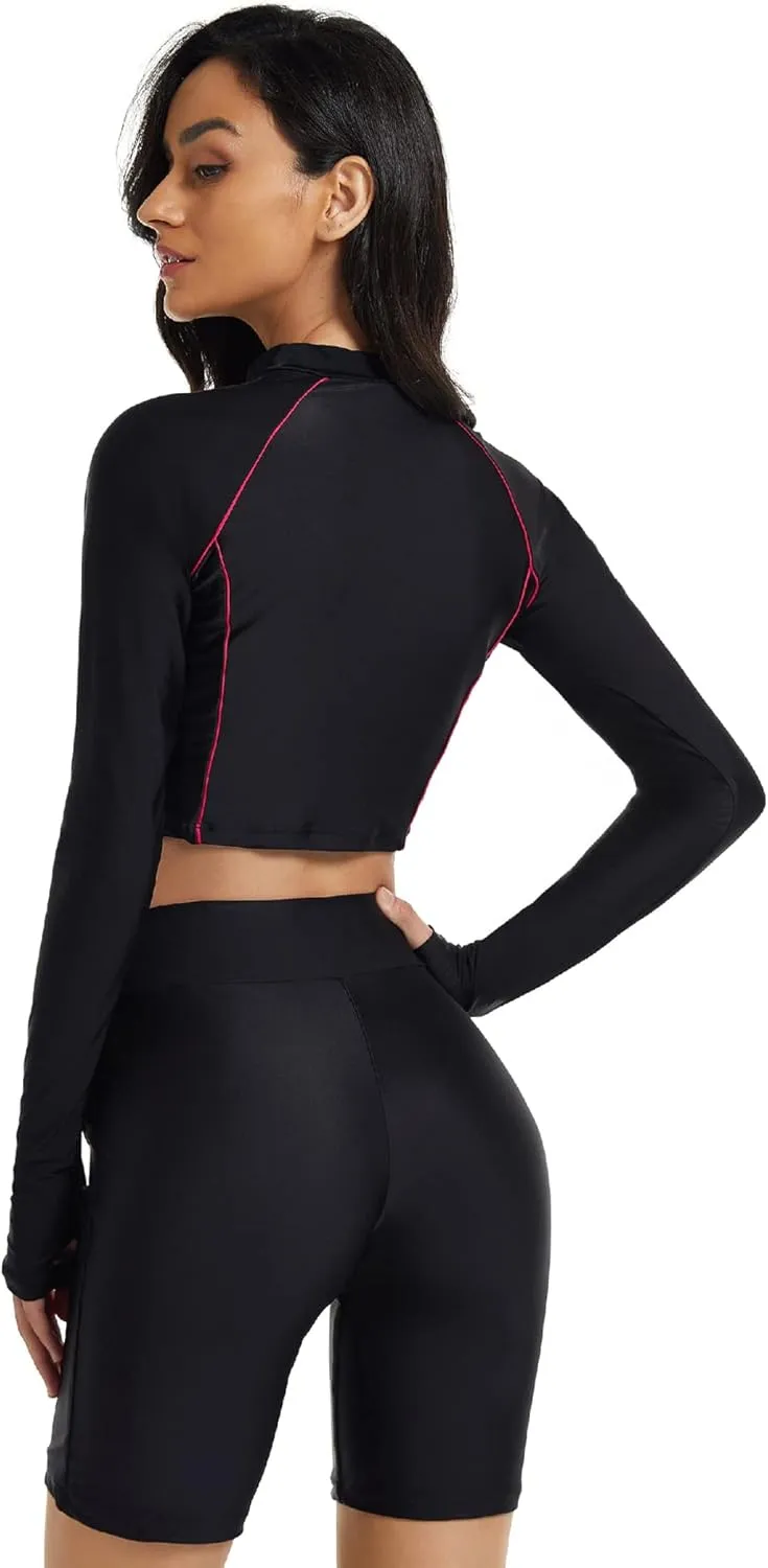 FEOYA Women Long Sleeve Swimsuit UV Sun Protection Rash Guard Two Piece Printed Surfing Swim Bathing Suit