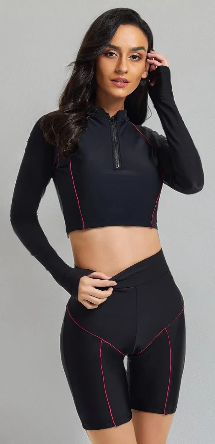 FEOYA Women Long Sleeve Swimsuit UV Sun Protection Rash Guard Two Piece Printed Surfing Swim Bathing Suit
