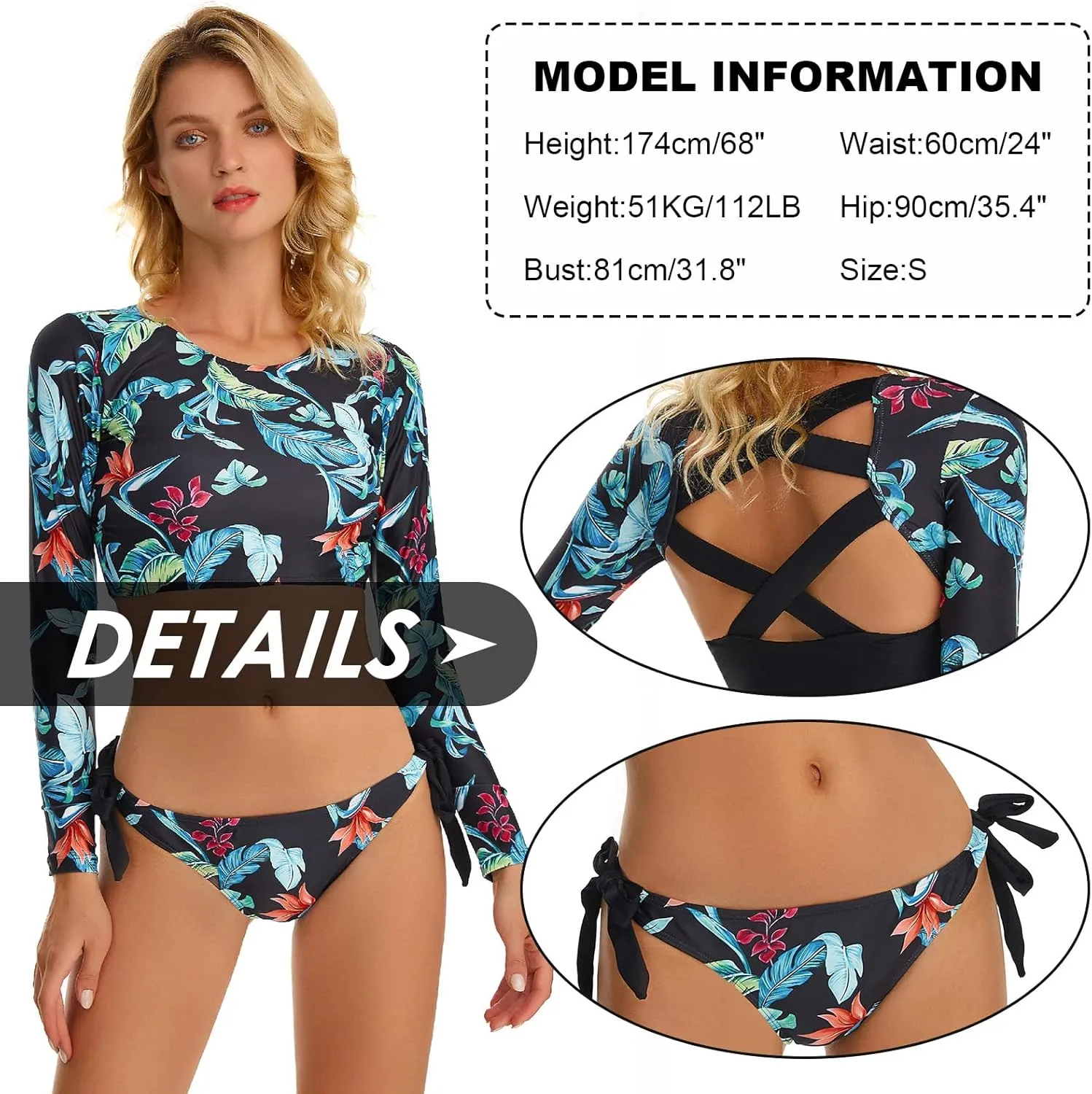 FEOYA Women Long Sleeve Swimsuit UV Sun Protection Rash Guard Two Piece Printed Surfing Swim Bathing Suit