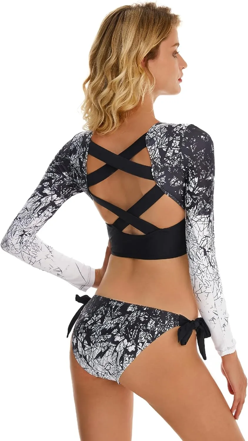 FEOYA Women Long Sleeve Swimsuit UV Sun Protection Rash Guard Two Piece Printed Surfing Swim Bathing Suit