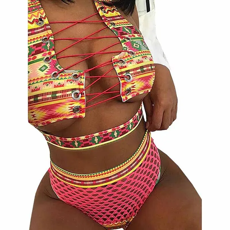 Floral and Striped Bikini Set with Lace-Up Detail
