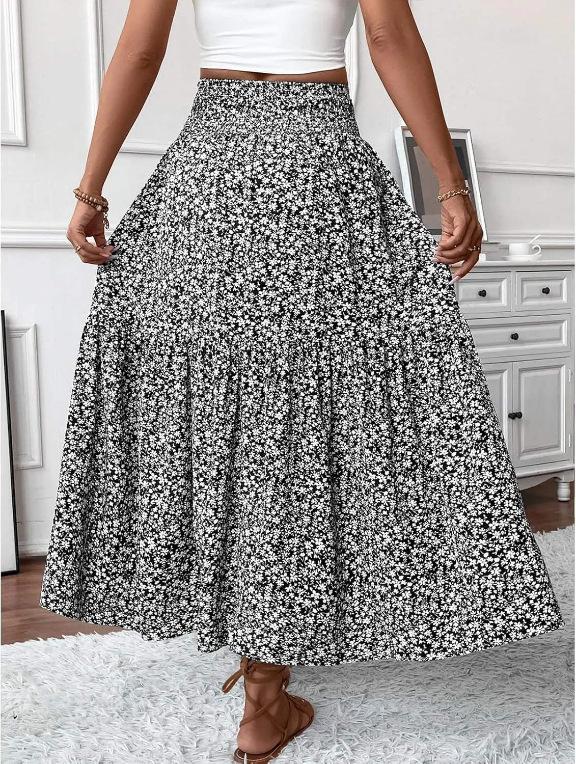 Floral Maxi Skirt for Women Smocked High Waist Skirt A-Line Flowy Ruffle Long Skirts Boho Vacation Long Skirts