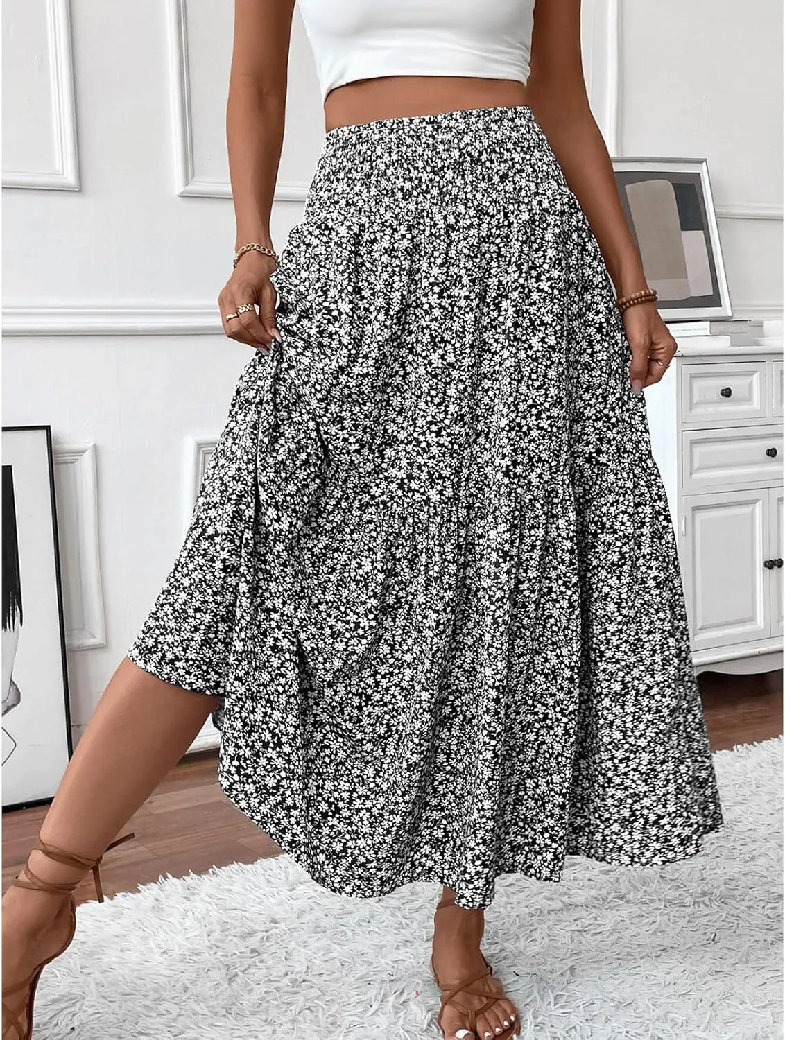 Floral Maxi Skirt for Women Smocked High Waist Skirt A-Line Flowy Ruffle Long Skirts Boho Vacation Long Skirts