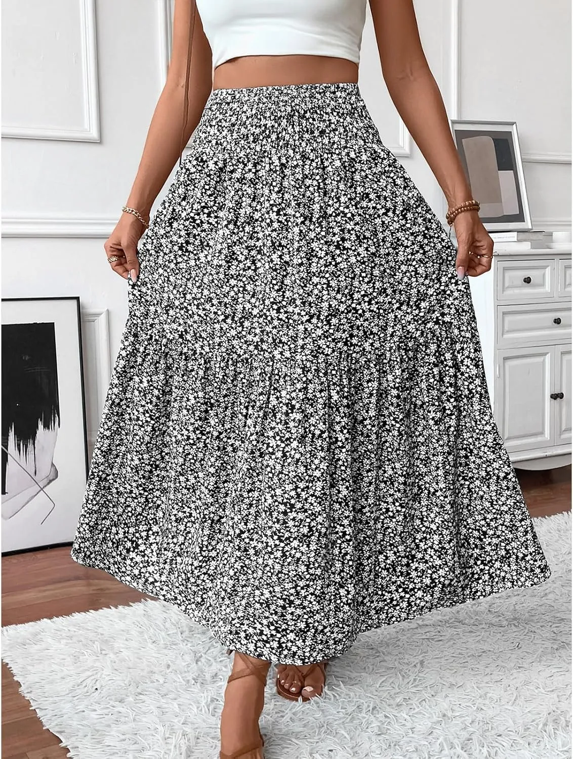 Floral Maxi Skirt for Women Smocked High Waist Skirt A-Line Flowy Ruffle Long Skirts Boho Vacation Long Skirts