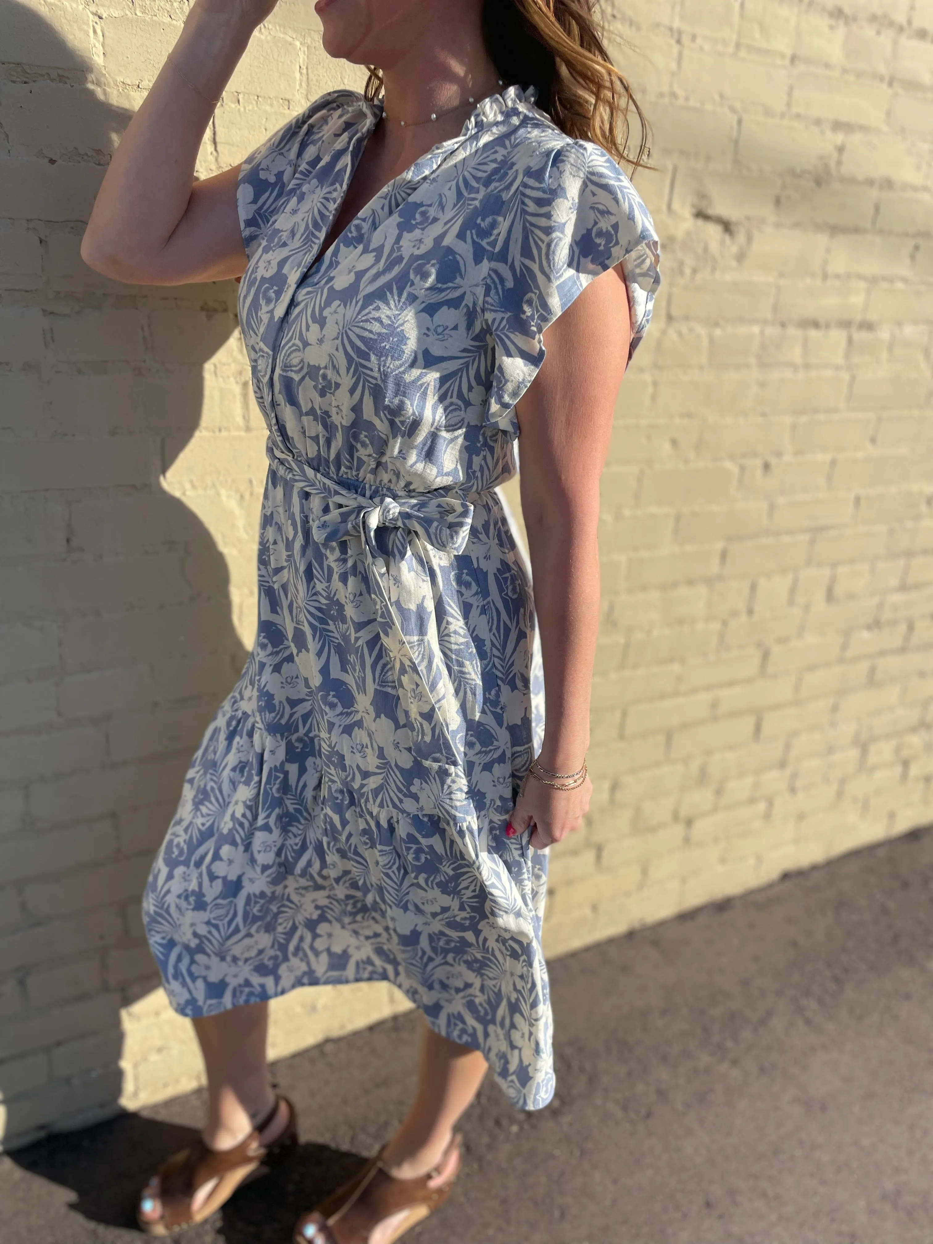 Floral Print Button Up Ruffle Sleeve Dress