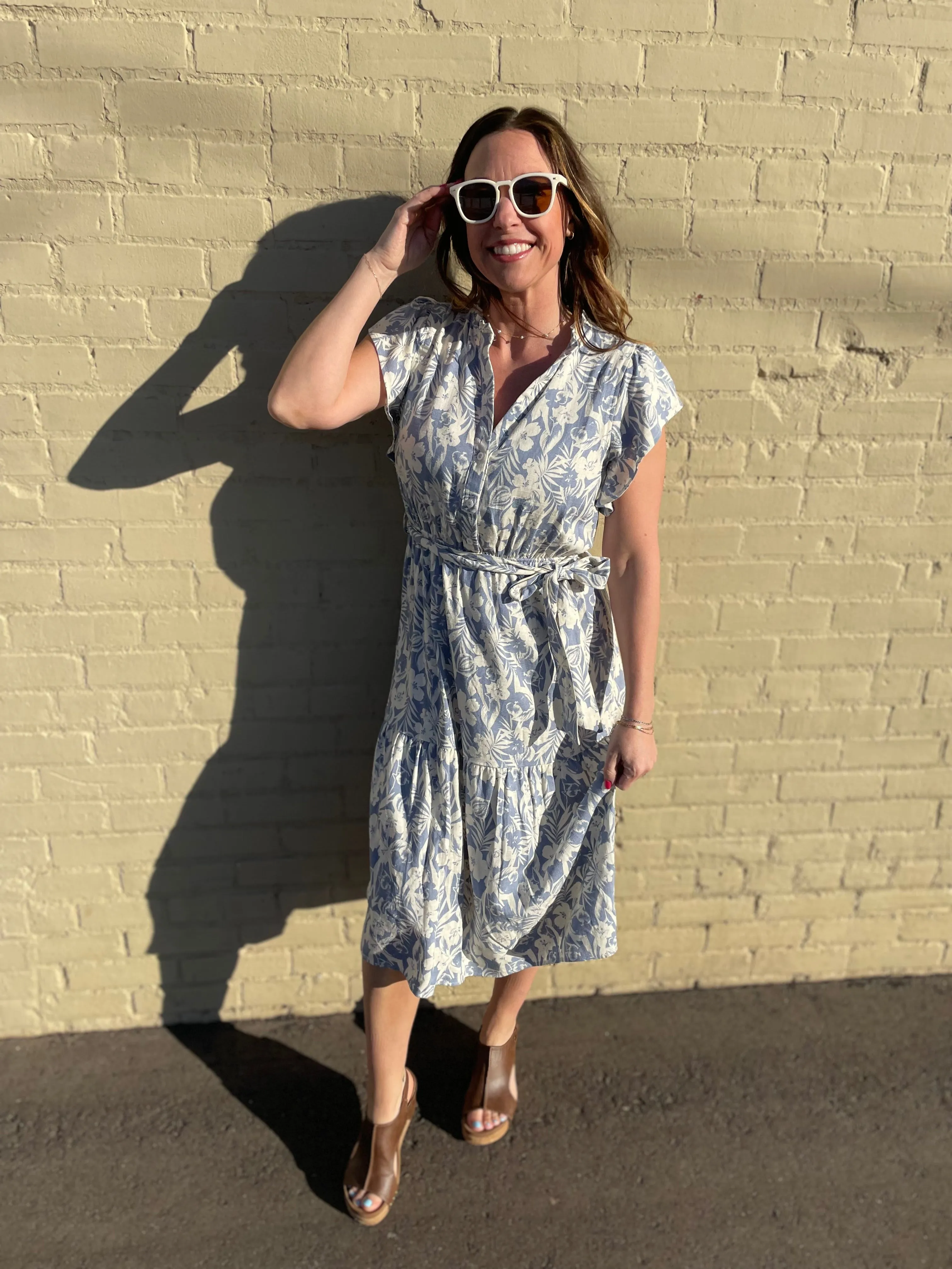 Floral Print Button Up Ruffle Sleeve Dress