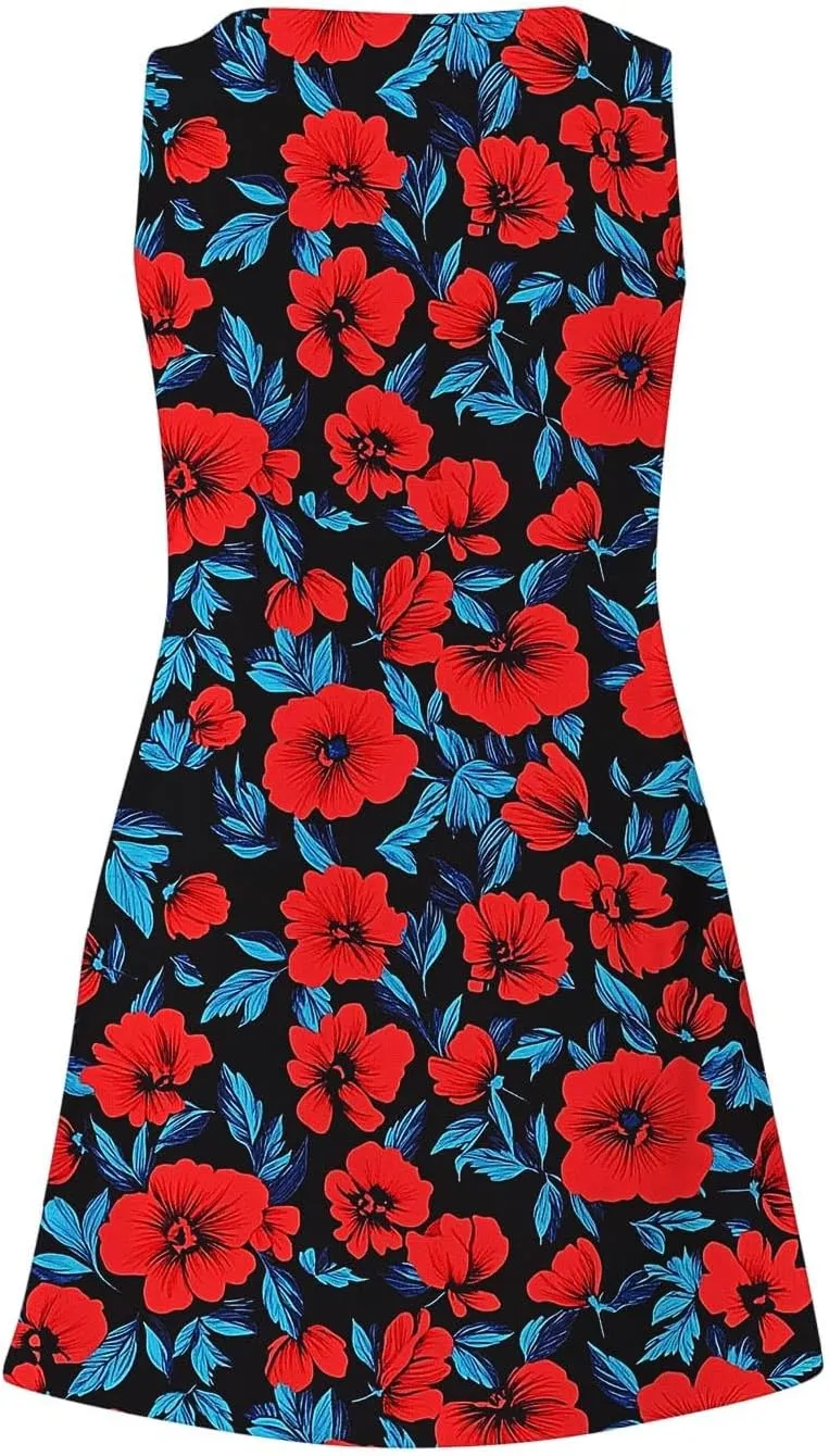 Floral Print Sleeveless Dress for Women V Neck Casual Summer Dress with Side Slit