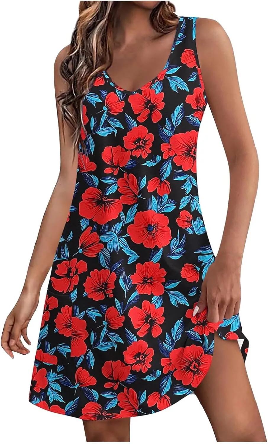 Floral Print Sleeveless Dress for Women V Neck Casual Summer Dress with Side Slit
