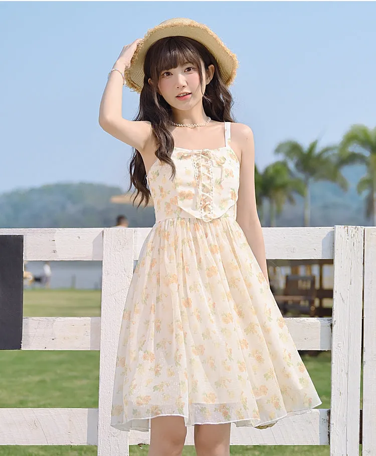 French Sweet Floral Sling Fairy Dress