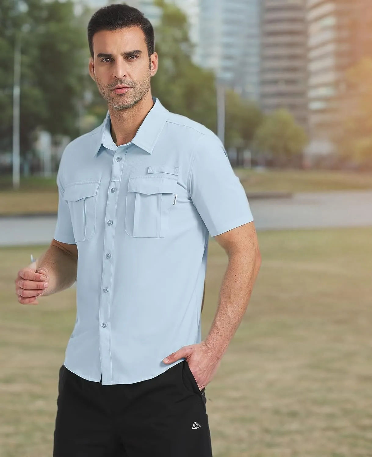Haimont Men's Sun Protection Shirt Water Resistant Short Sleeve Button Down Shirt Quick Dry Cooling for Hiking Fishing