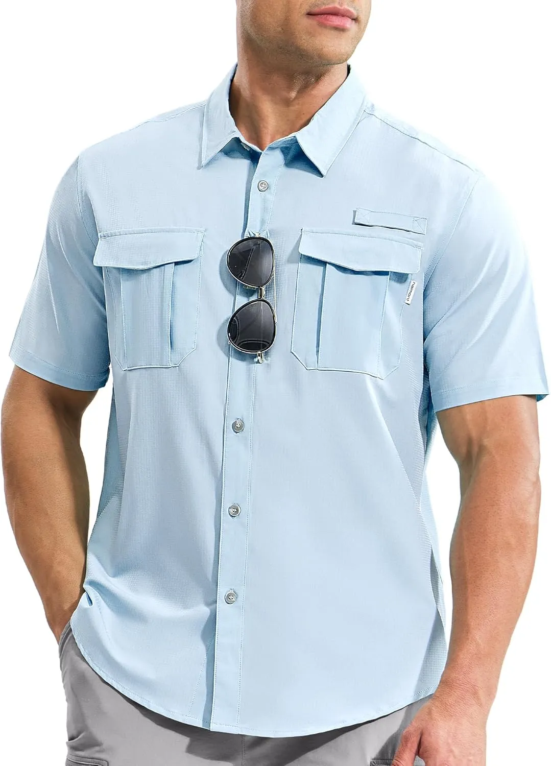 Haimont Men's Sun Protection Shirt Water Resistant Short Sleeve Button Down Shirt Quick Dry Cooling for Hiking Fishing