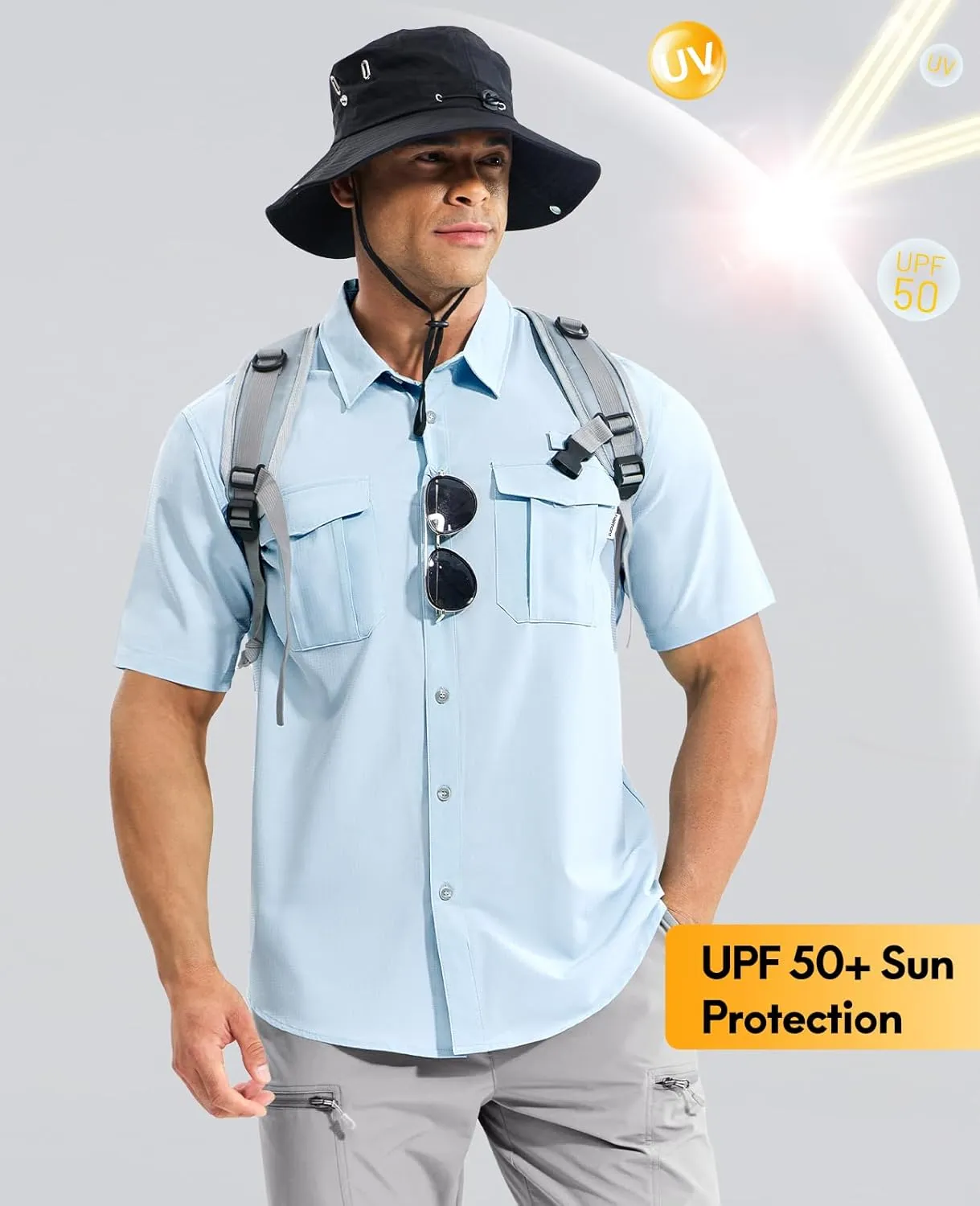 Haimont Men's Sun Protection Shirt Water Resistant Short Sleeve Button Down Shirt Quick Dry Cooling for Hiking Fishing