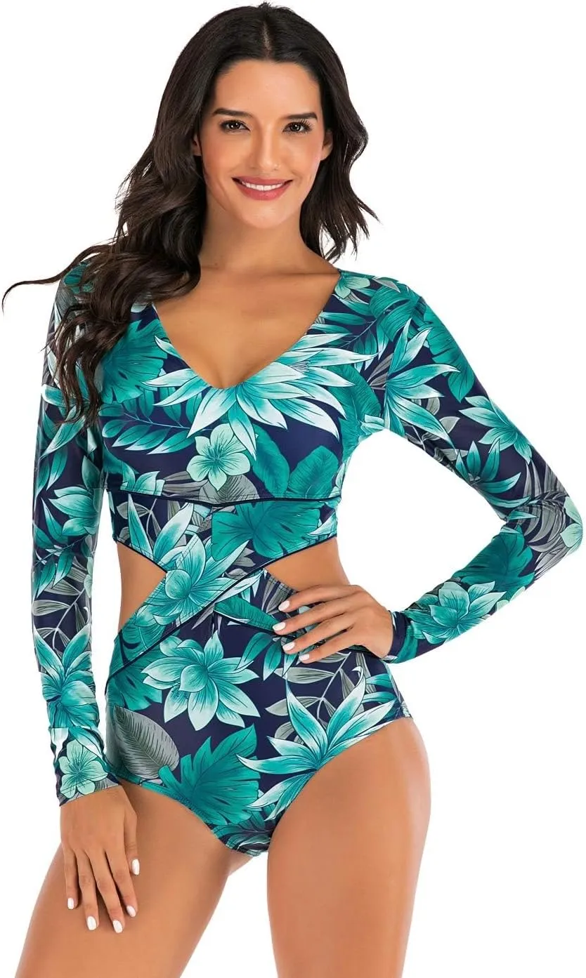 LafyKoly Women's One Piece Long Sleeve Rash Guard UV Protection Printed Surfing Swimsuit Swimwear Bathing Suit